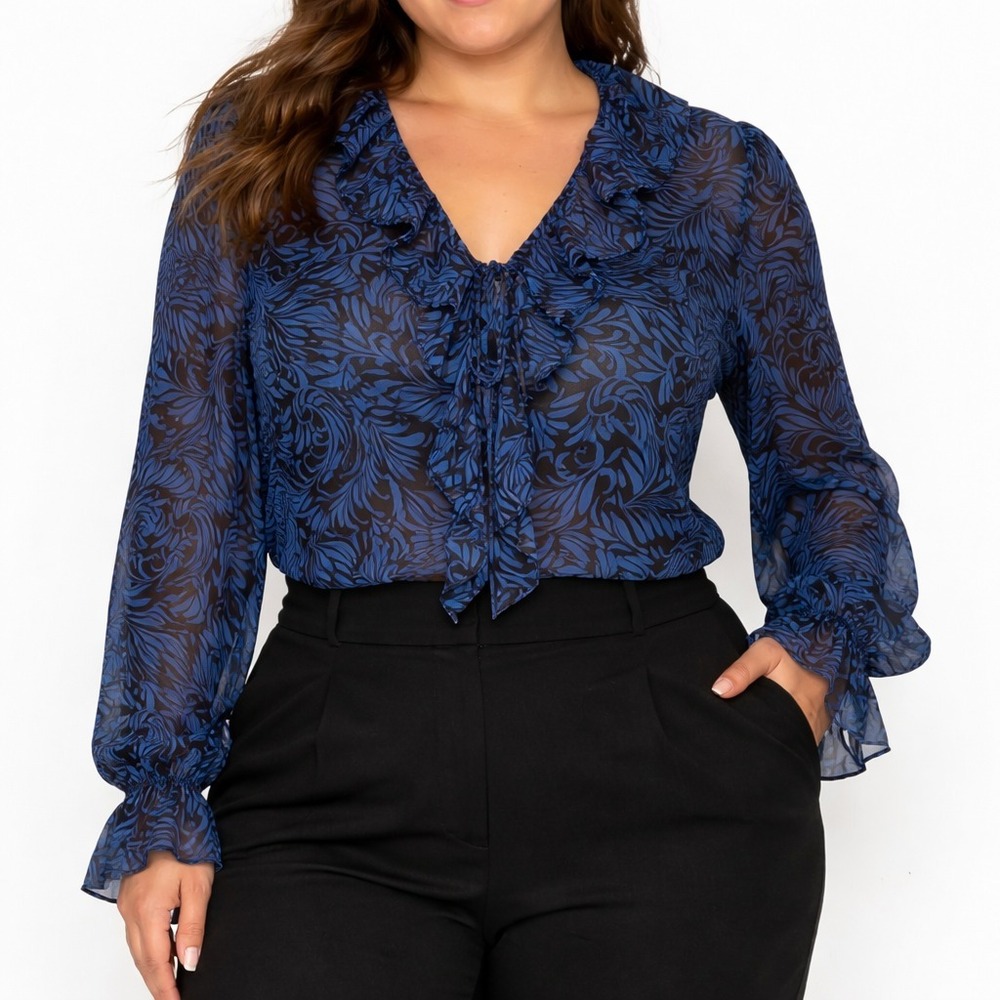 Nicole Pullover Blouse Women's Size 14 Blue/Black Floral Print Ruffled V-Neck